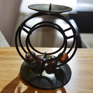 Vtg Candle Holder Black Metal Circular 4 Marble Brown Tiger Eye Look Beads